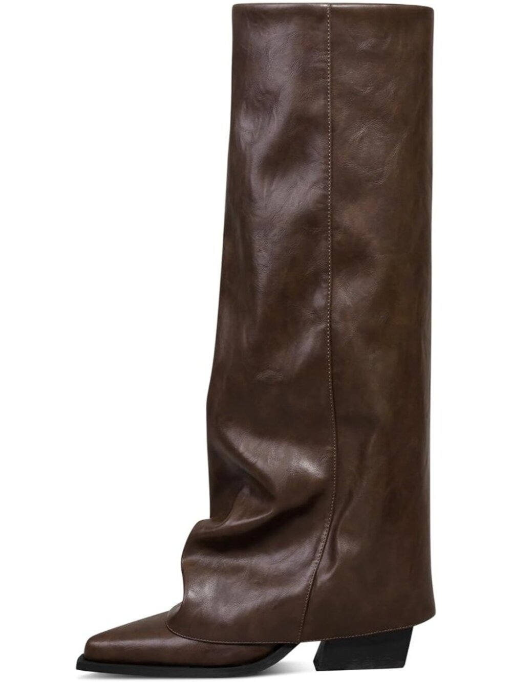 Women's Brown Faux Leather Fold Over Knee High Wide Calf Chunky Heel Long Boots - Picture 6 of 6